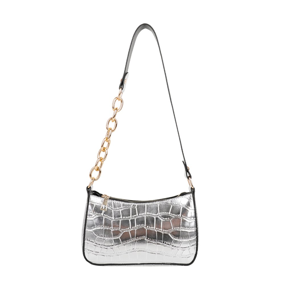 Vrouwen Alligator Patroon Schouder Onderarm Zakken Rits Pu Lederen Portemonnees: Zilver