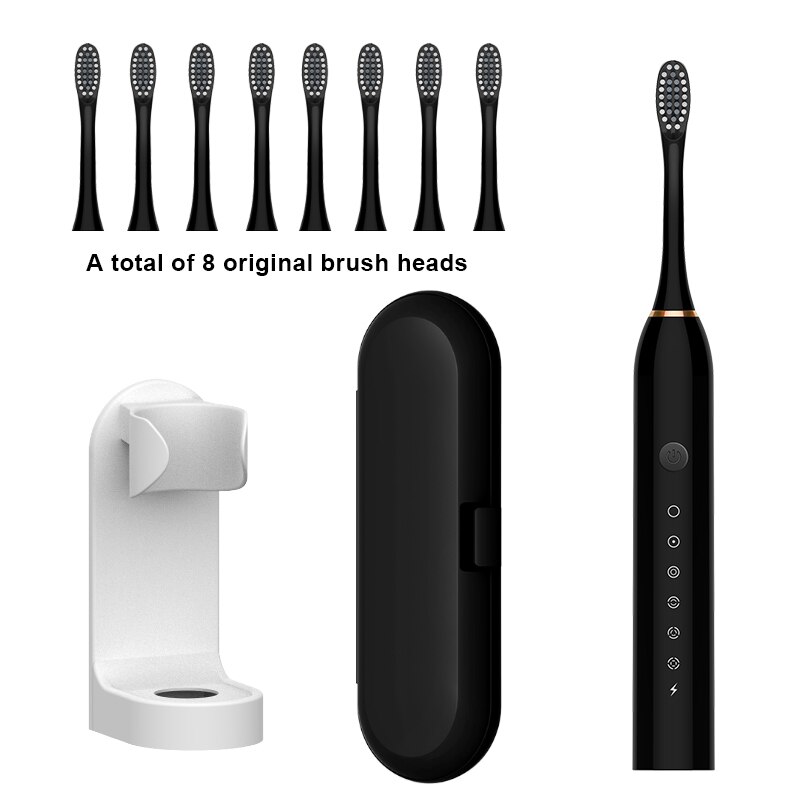 Sonic Electric Toothbrush Ultrasonic Automatic USB Rechargeable IPX7 Waterproof Whitening Teeth Tooth Brush Head Holder Adult: black 8 head set