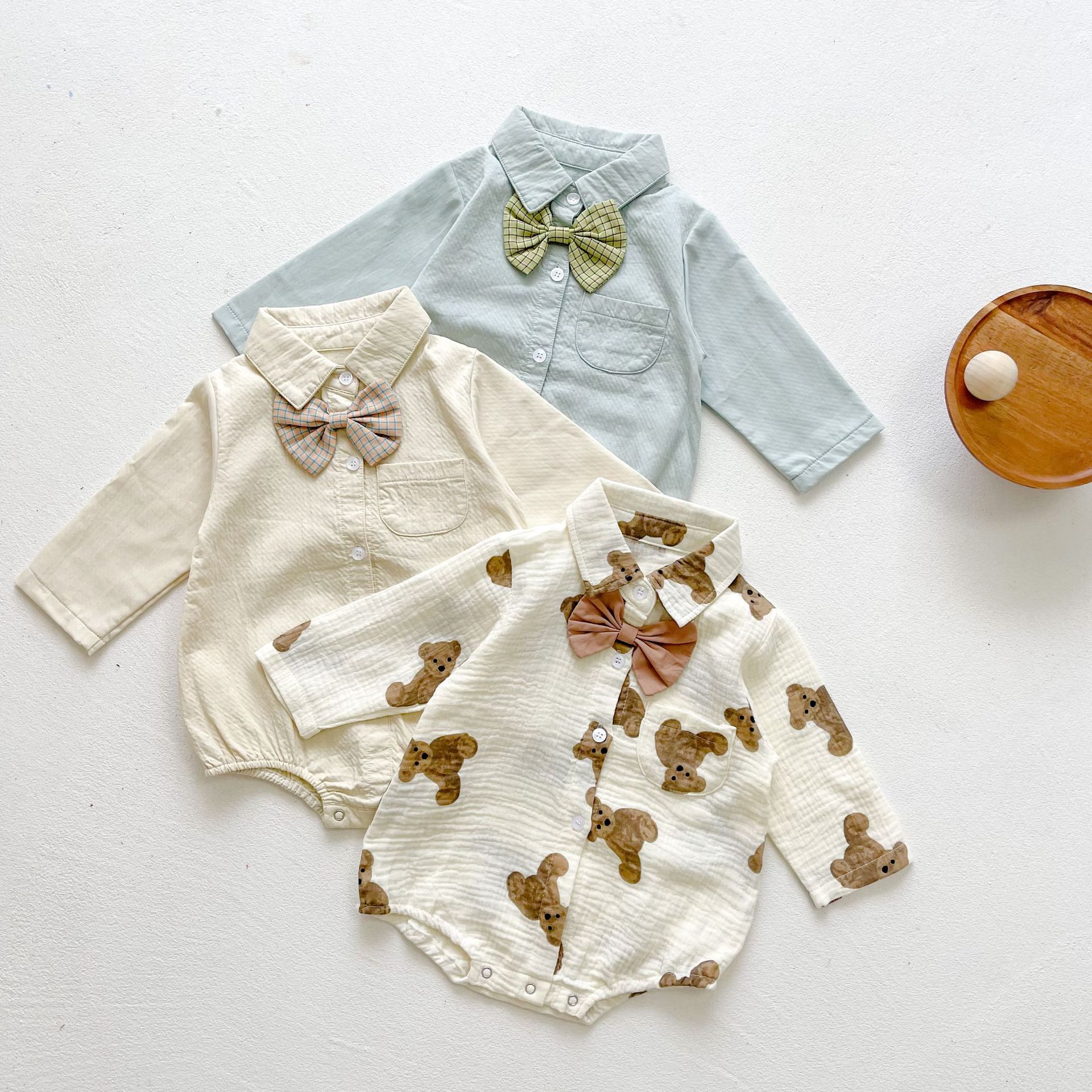 9251 Baby Bow Tie Shirt body orso coreano stampato Baby Boy abiti monopezzo autunno 2021 100 giorni abiti abiti da arrampicata