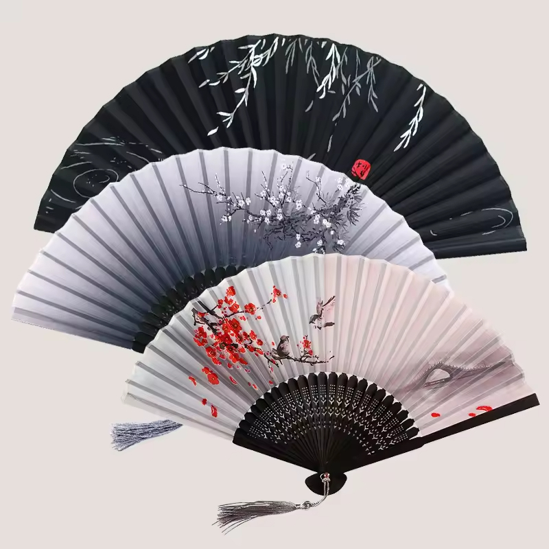 Abanico plegable de mano de seda con estampado de estilo japonés chino tradicional, borla de mango de madera, de boda , decoración del hogar