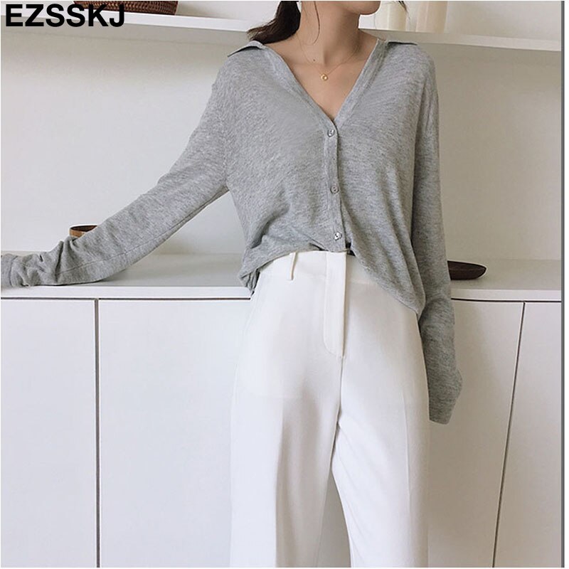 Casual kvinner genser turn-down krage strikket cardigan langermet løs vårgenser cardigan kvinnelig basic jakke