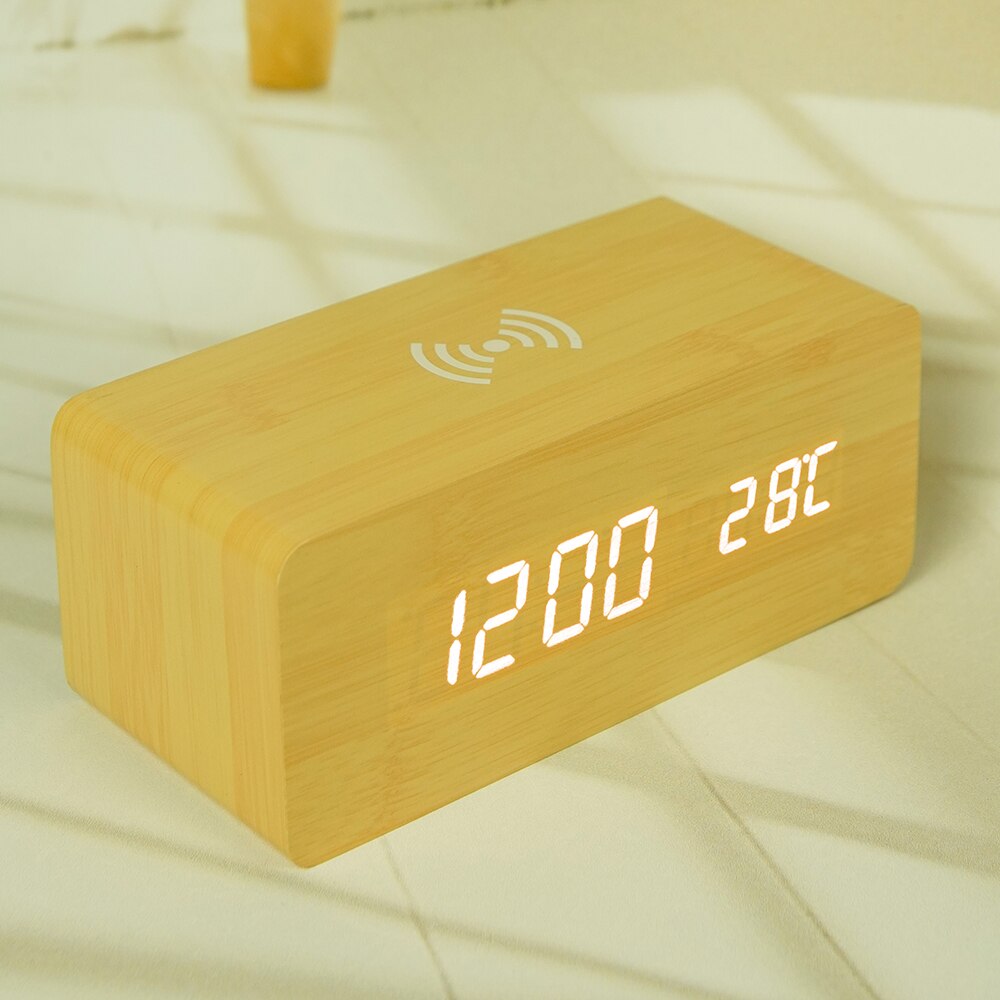 Creatieve Decoratie Elektronische Klok Mobiele Telefoon Draadloos Opladen Houten Klok Led Digitale Klok Geluid Controle Functie