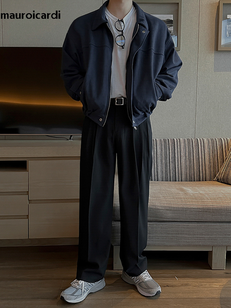 Mauroicardi-Chaqueta ligera azul para hombre, chaqueta de manga larga con cremallera, holgada, informal, Simple, estilo coreano, a la , primavera y otoño, 2024