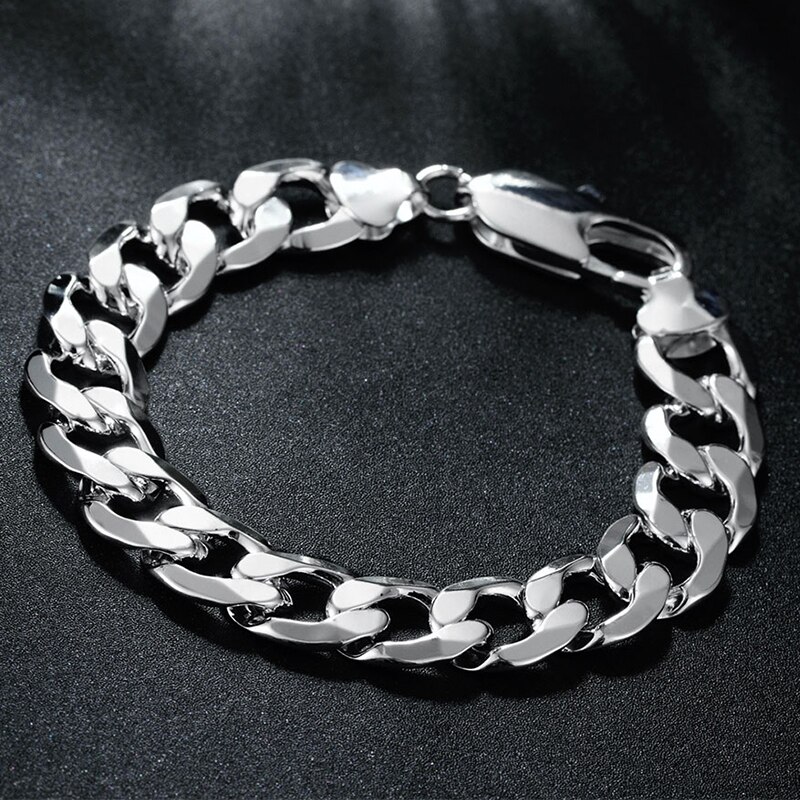 925 Zilveren 8Mm 10Mm 12Mm Platte Zijwaarts Armbanden Kettingen Voor Mannen Mode-sieraden