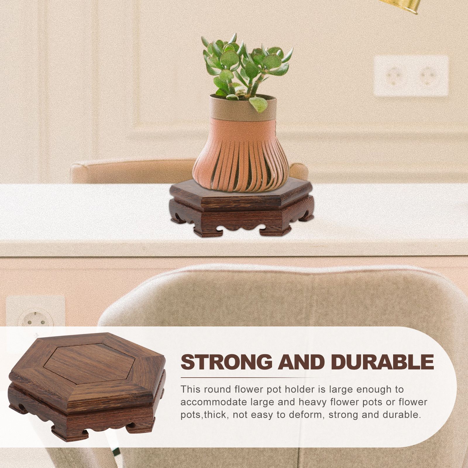 1Pc Hexagonal Wooden Storage Base Decorative Flowerpot Base Potted Solid Wood Artware Holder Pedestal Garden Decoration