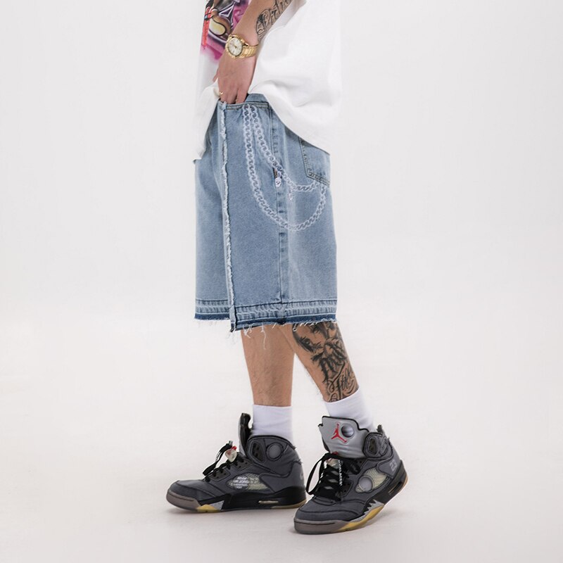 Harajuku High Street Loose Straight Necklace Print Jeans Shorts Men and Women Wide Leg Frayed Hip Hop Denim Shorts Oversize