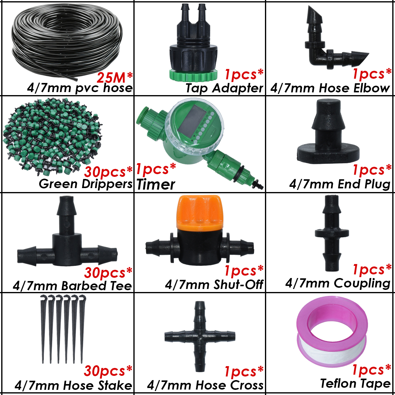 Kit d&#39;arrosage automatique goutte-à-goutte pour serre, 10-50M, 1/4 &#39;&#39;, système d&#39;irrigation, tuyau 4/7mm, buses de brouillard en laiton pour jardin, maison, plante en pot: KSL01-KIT351C-25M