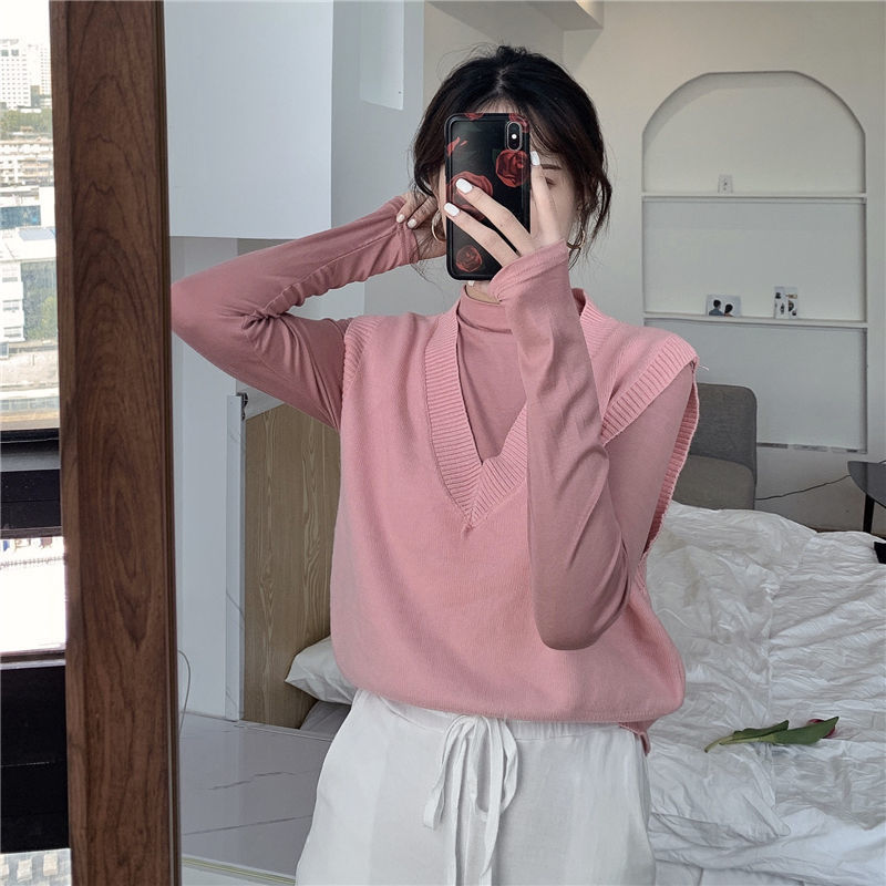Sweater vest kvinder teenagere trendy ærmeløs tøj strikning beskåret afslappet pasform løst falder all-match solid mujer basic: Lyserød