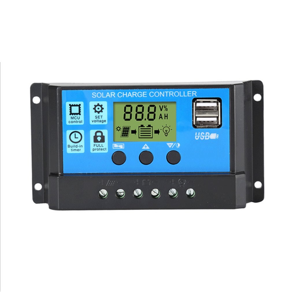 60A/50A/40A/30A/20A/10A 12V 24V Auto Solar Charge Controller PWM Controllers LCD Dual USB 5V Output Solar Panel PV Regulator