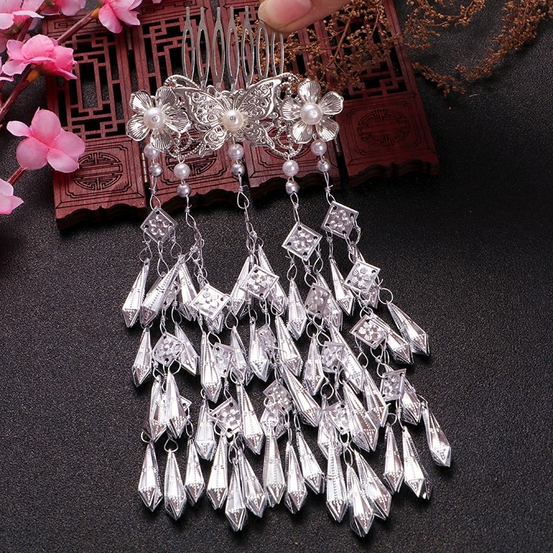 Hanfu-coiffure rétro, accessoires pour cheveux longs multicouches, petits bijoux, frange fraîche, Imitation argent Miao, peigne
