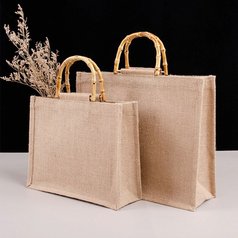 Bolso de compras de yute de arpillera portátil, asas de lazo de bambú, L41B