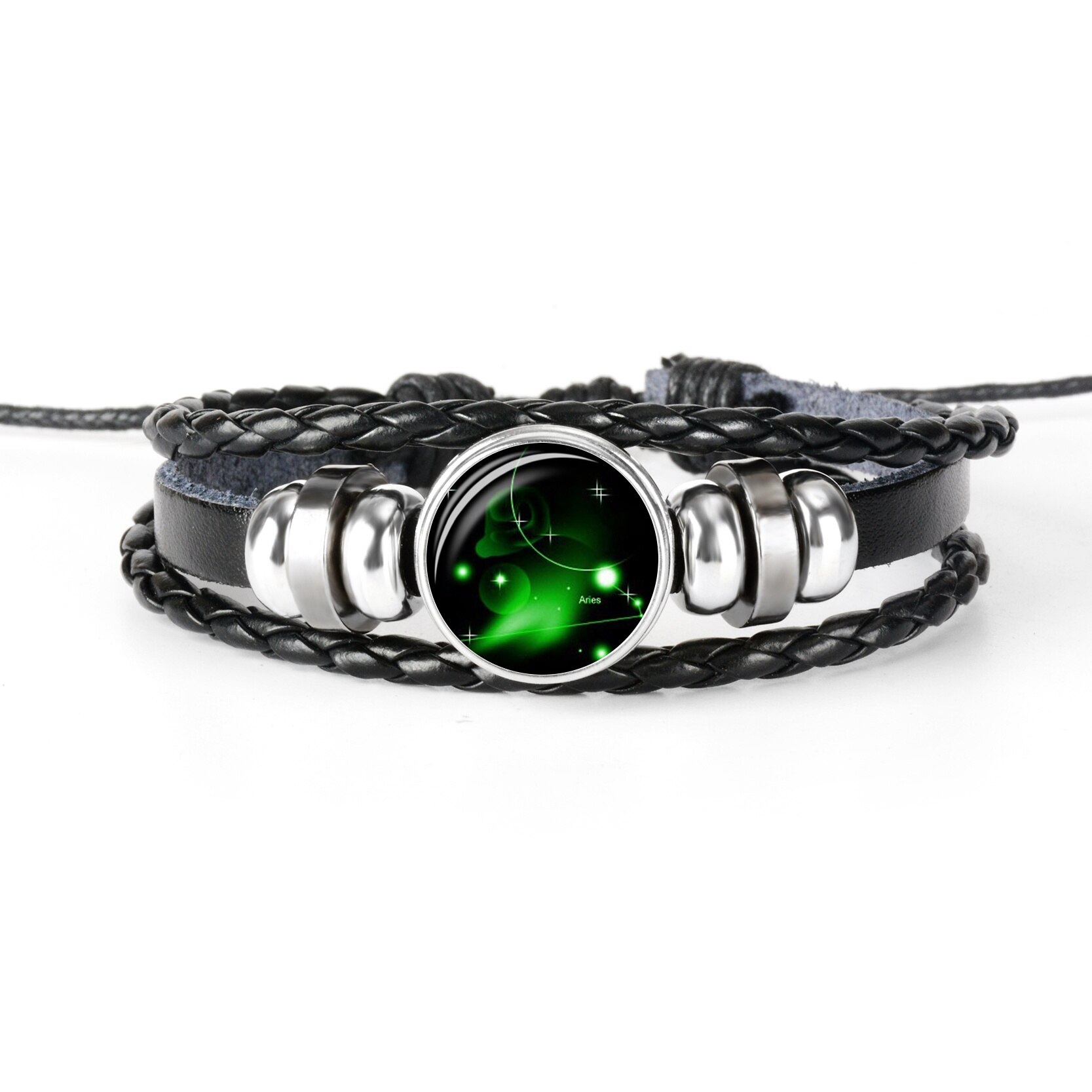 Zodiac Bracelet Charm Diy Jewelry Constellation Glass Metal Buckle Black Multilayer Leather Bracelet Women Men: Aries