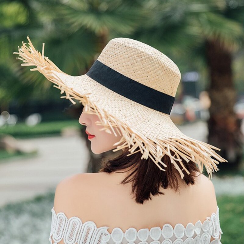 Sommer solhat med en bred rand kvinder bånd strand damer raffia halm hat frynser kvinder badehuer gorra hombre