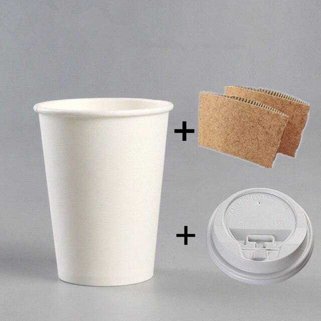 50 stücke weiß einweg kaffee tasse kaltes heißes getränk zum mitnehmen verpackung papier tasse mit deckel und Kraft papier hülse: Tasse Deckel Ärmel1 / 500ml 16OZ 50Stck