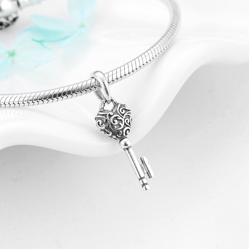 925 Sterling Silber Schlüssel herz bilden feine Anhänger Perlen passen Original Europäischen Charme DIY Armbinde Schmuck machen