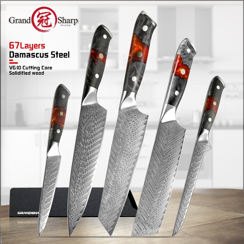 Japanese Kitchen Knife Set Real Damascus Chef Knifes Utility Boning Knives Meat Slicer Fruit Cutter Cooking Tools Grandsharp
