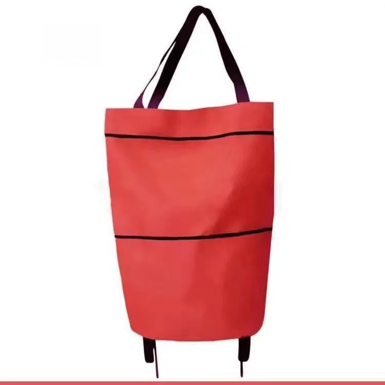 Shopping Bag with Wheels Foldable Hand Pull Extendable Vegetable Buying Car Casual Polyester Fiber Home Use Logo Addable: Red