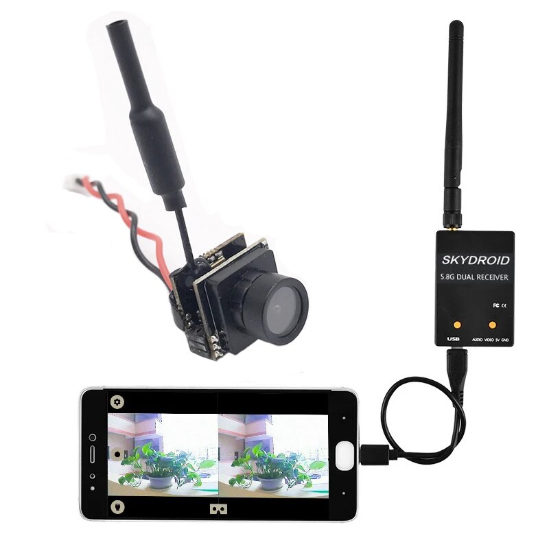 Mini 5.8g fpv 48ch 25mw sender vtx-cam med 800 tvl kamera og skydroid otg uvc modtager til android mobiltelefon tablet