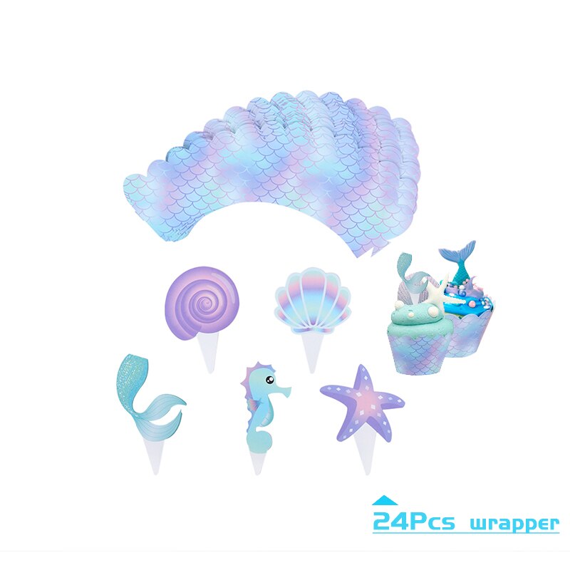 Tytön syntymäpäiväjuhlat kertakäyttöastiasto setti merenneitojuhlat paperipussit lautaset kuppi astiasto hääkoristelu 1st baby shower: 24 kpl kakkupäällystä