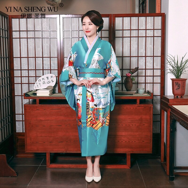Kimono japonés mujer verano ropa de ocio Kimono Albornoz estampado de satén mujeres estilo largo traje de Cosplay japonés tamaño libre