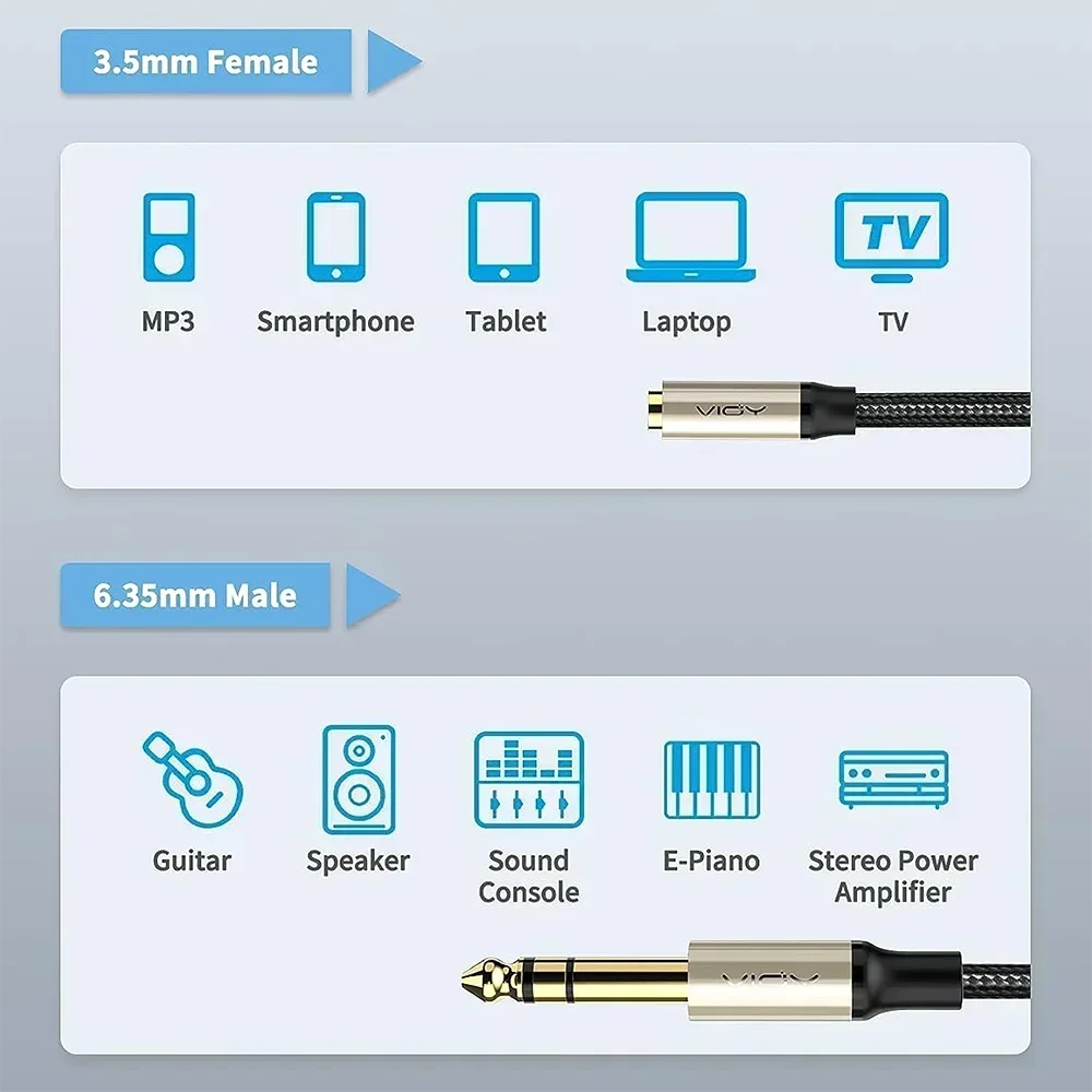 6.35mm to 3.5mm hodetelefonadaptere 1/4 hann  to 1/8 hunn trs stereojack lydforlengelsesledning for mikser gitar piano forsterker høyttaler