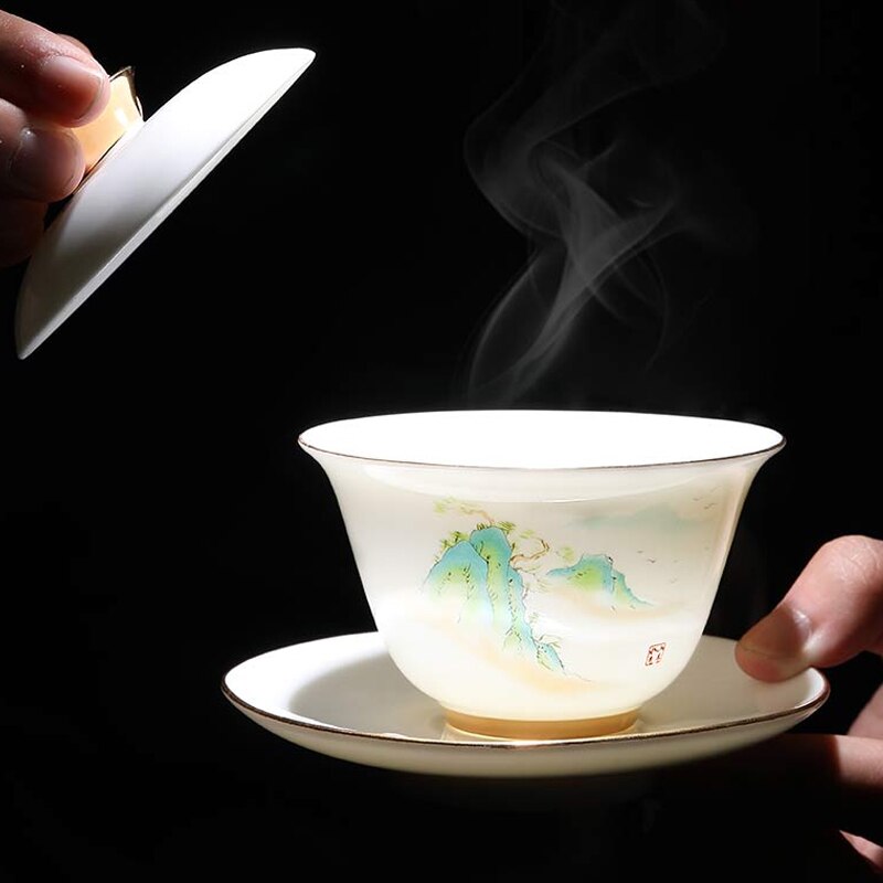 160ml teskål jade vit keramik terrin porslin teservis kopp med fat lock kit handgjorda berg rådjur gaiwan drinkware