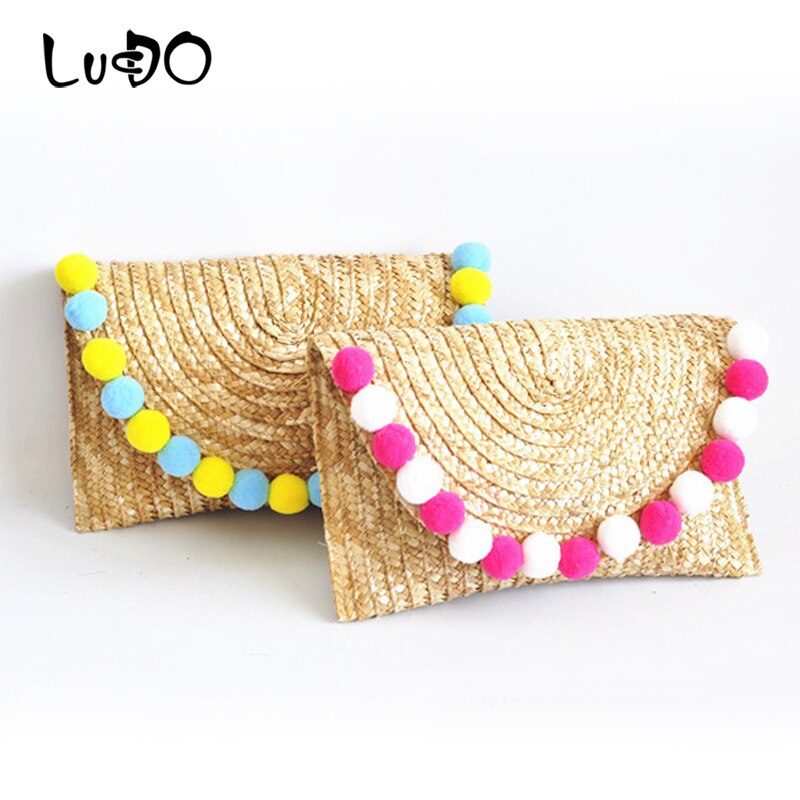 Bolso de paja para mujer, bolsa de mano tejida, paja de trigo trenzada, Bola de piel, decoración de verano salvaje, informal,