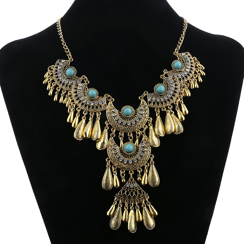 Collares llamativos étnicos exagerados Vintage para mujer, collares con borlas de gota de agua talladas de Color plata antigua, joyería Bohemia: Color dorado