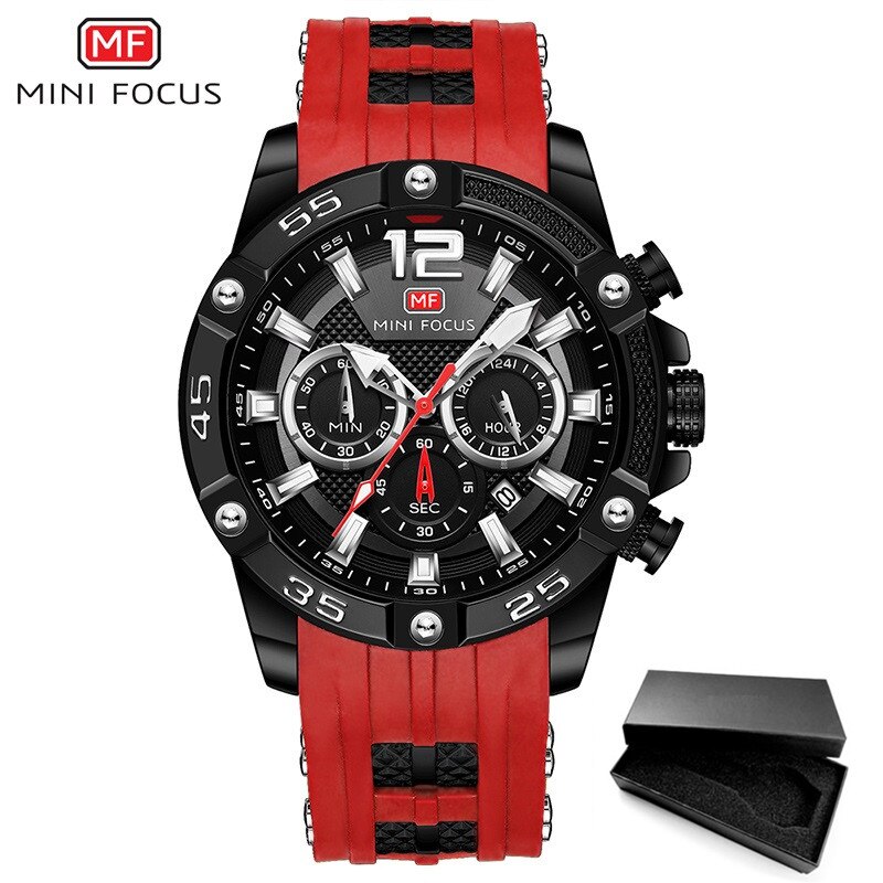 Reloj deportivo MINI FOCUS a la resistente al agua para Hombre, relojes de lujo de , Reloj Masculino de cuarzo, correa de silicona para Hombre: RDBK