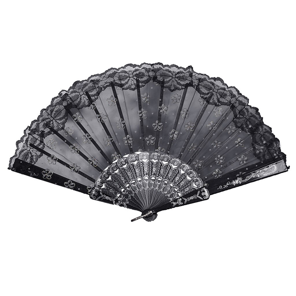 Flores de papel tipo ventilador, abanicos de seda de encaje plegables, estilo chino, para baile, boda, ,: Negro