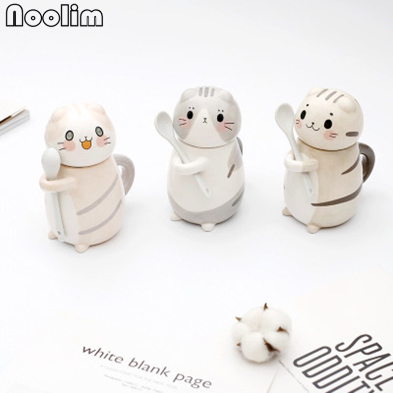 Cute Cat Teacups Exquisite Teaware Accessories With Spoon and Lid Coffee Tea Cups Porcelain Couple Milk Mug Drinkware