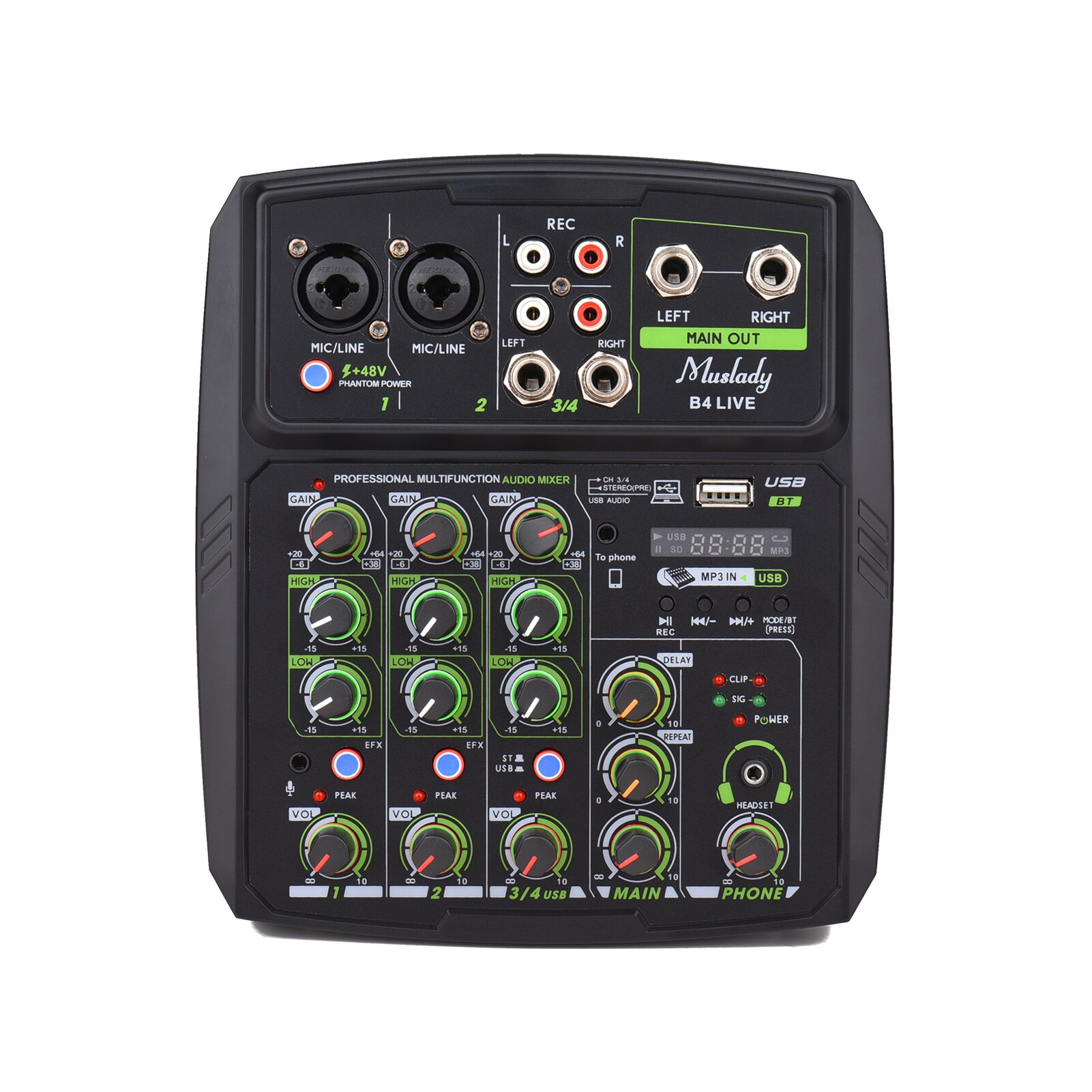 Muslady 4-Channel Audio Mixer Mixing Console LED Screen Built-in Soundcard USB BT Connection with 2-band EQ Gain Delay Repeat