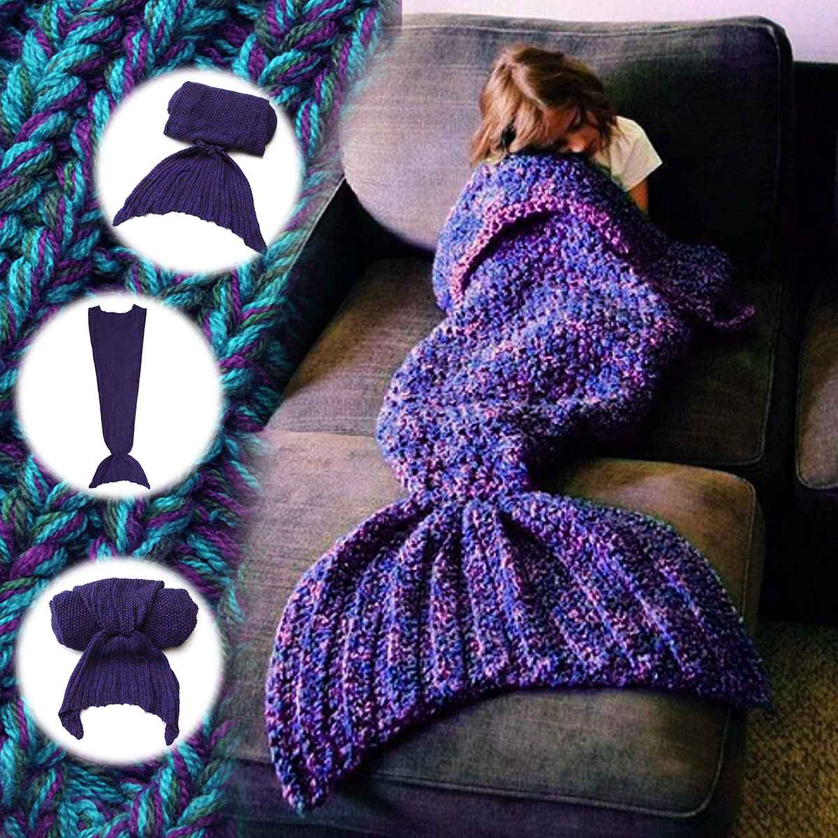 80cmx180cm Mermaid Tail Blanket Crochet Mermaid Blanket for Adult Super Soft All Seasons Sleeping Knitted Blankets Home Office