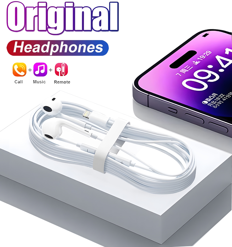 Originalhörlurar till apple iphone 15 14 13 11 12 max plus xs  xr 7 8 in- ear lightning 3.5 mm trådbundna bluetooth-hörlurar