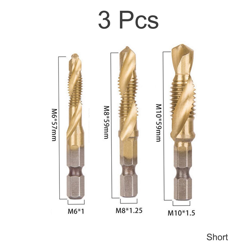 M3-M10 HSS Screw Metric Thread Tap Drill Bits Set Titanium Plated Hex Shank Screw Machine Compound High Speed Change Hand Tool: 3Pcs Short M6 M8 M10