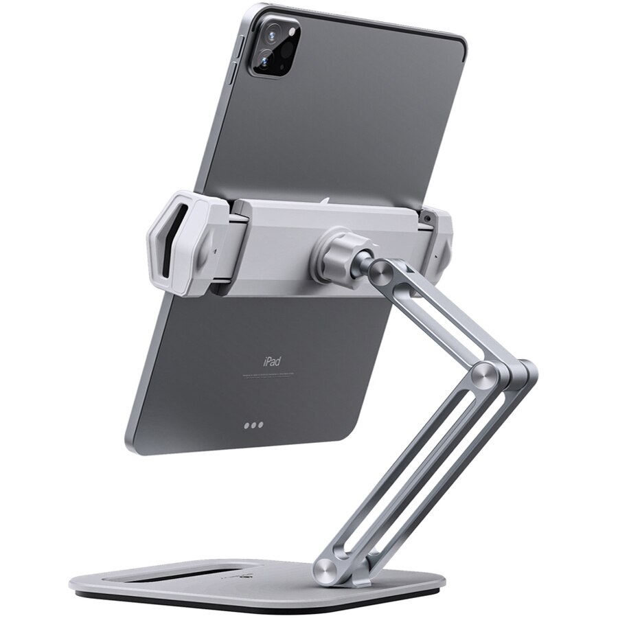 Long Arm Aluminum Alloy Tablet Stand Adjustable Folding iPad Stand Ergonomic 360°Rotatable Tablet and Phone Clamp Mount Holder: P47 Silver