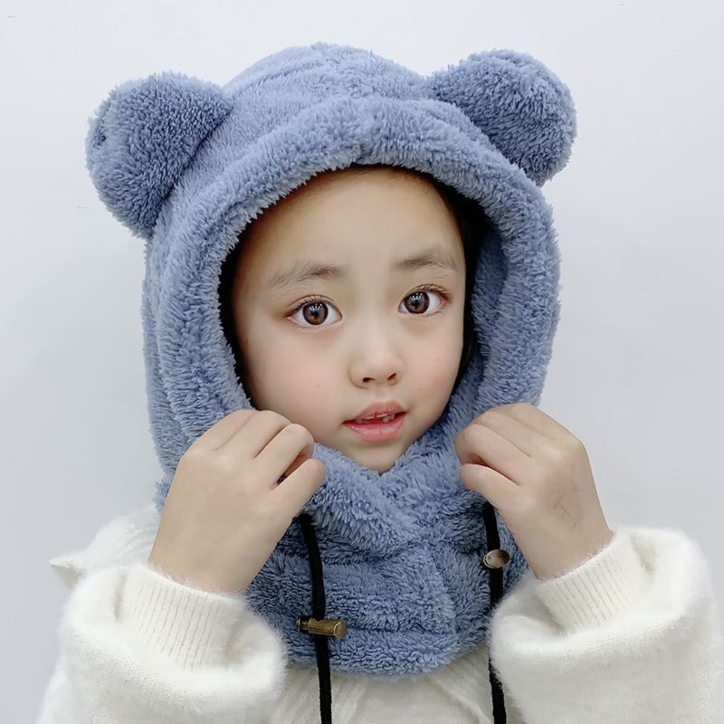 Winter Cute Selling Cute Bear Ears Warm Hat Windproof Neck Scarf Cap Student Women Children Plus Cashmere Cap: Gray 3-12 years old