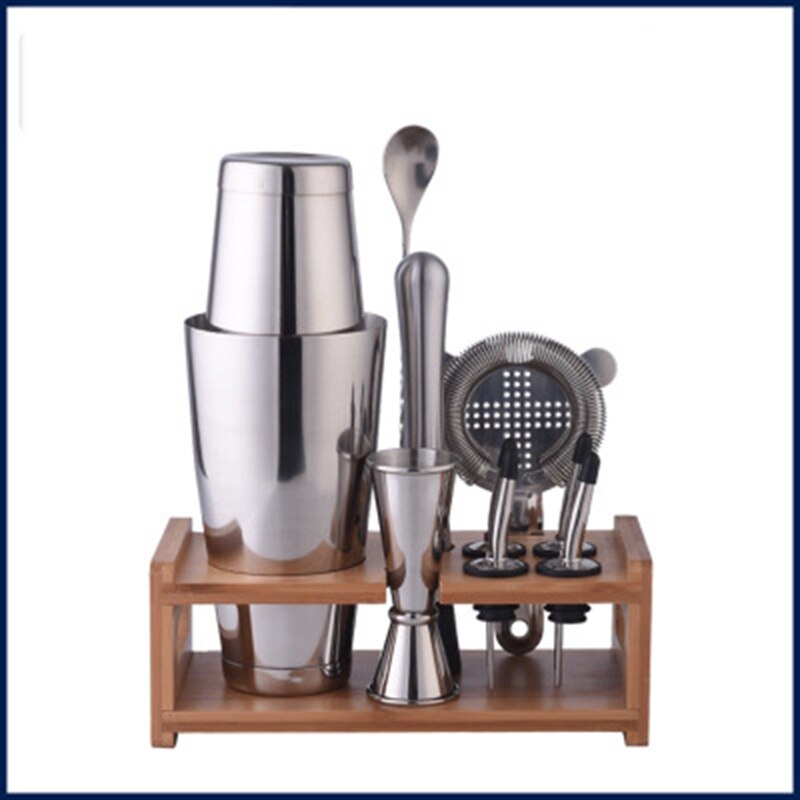 19PCS Stainless Steel Cocktail Shaker Blender Bartender Browser Kit Home Bar Bartender Setting Tool and Wine Wooden Rack Stand: 10 PCS Set