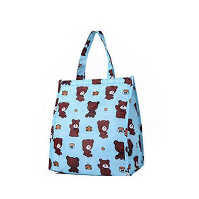 Nette Muster Druckt Inneren Aluminium Folie Lebensmittel Kühltasche Wasserdicht Polyester Hoop und Schleife Öffnung Klapp Thermische Mittagessen Tasche: Sky Blue Teddy Bear