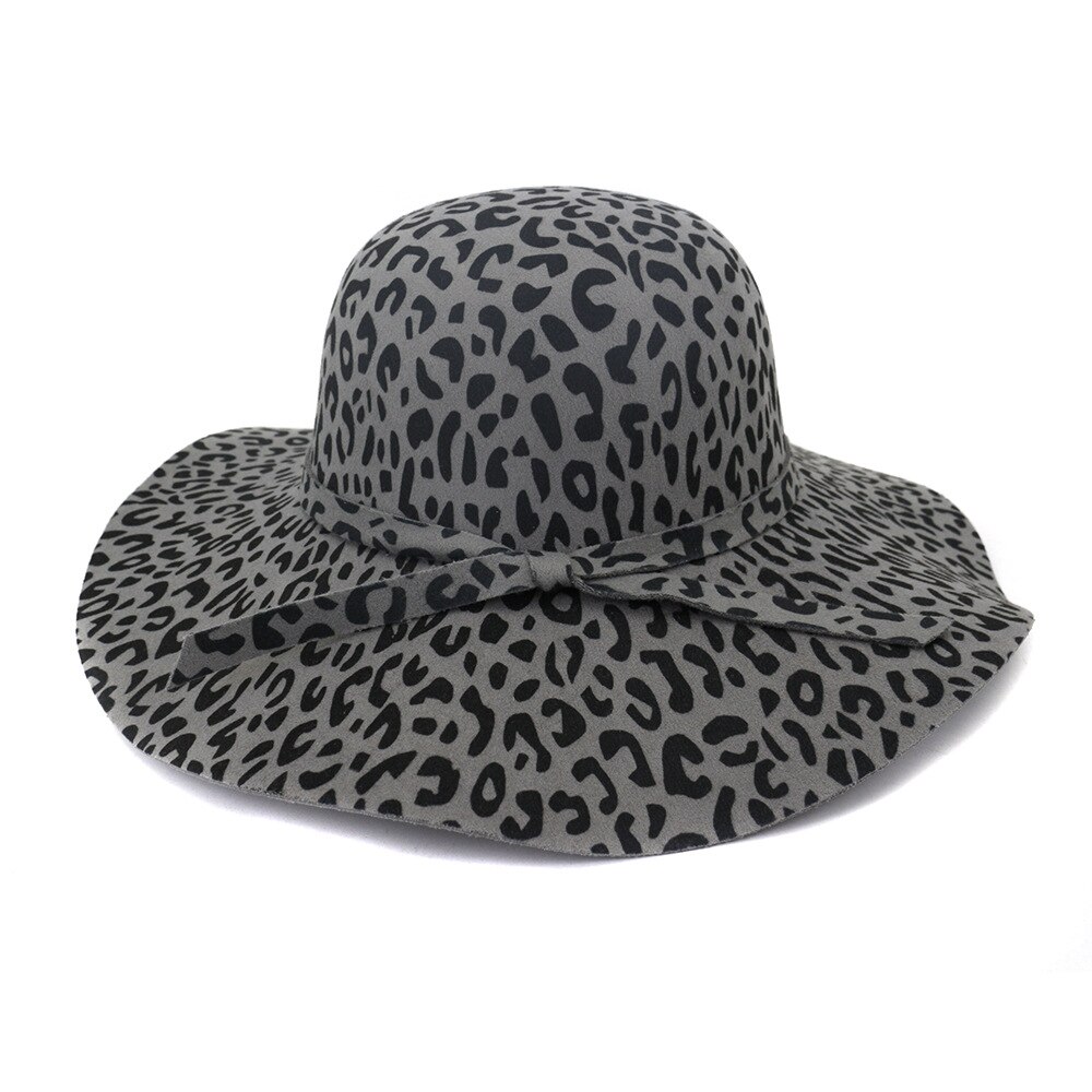 Stor brätte leopardmönstrad filt kupolhatt dam fedora hattar fascinators hatt för kvinnor diskettmössa solskydd chapeau: Grå