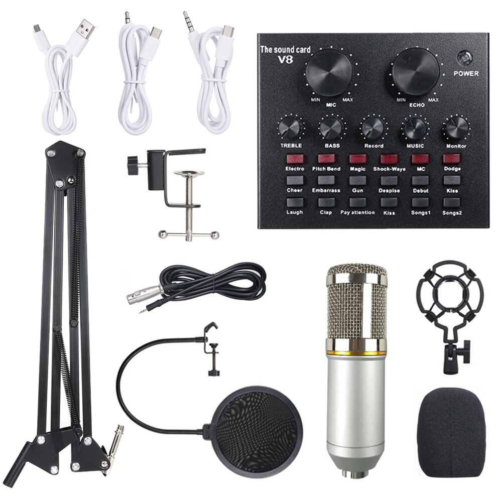 Multifunctionele Live Geluidskaart & BM800 Suspension Microfoon Kit Broadcasting Recording Condensator Microfoon Set