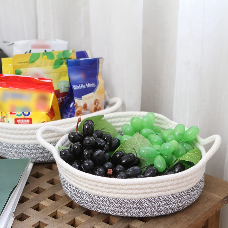Paquete de 2 cestas de cuerda de algodón, canasta de almacenamiento tejida pequeña, bandeja de tela, tazón, plato abierto redondo para frutas, joyería, llaves