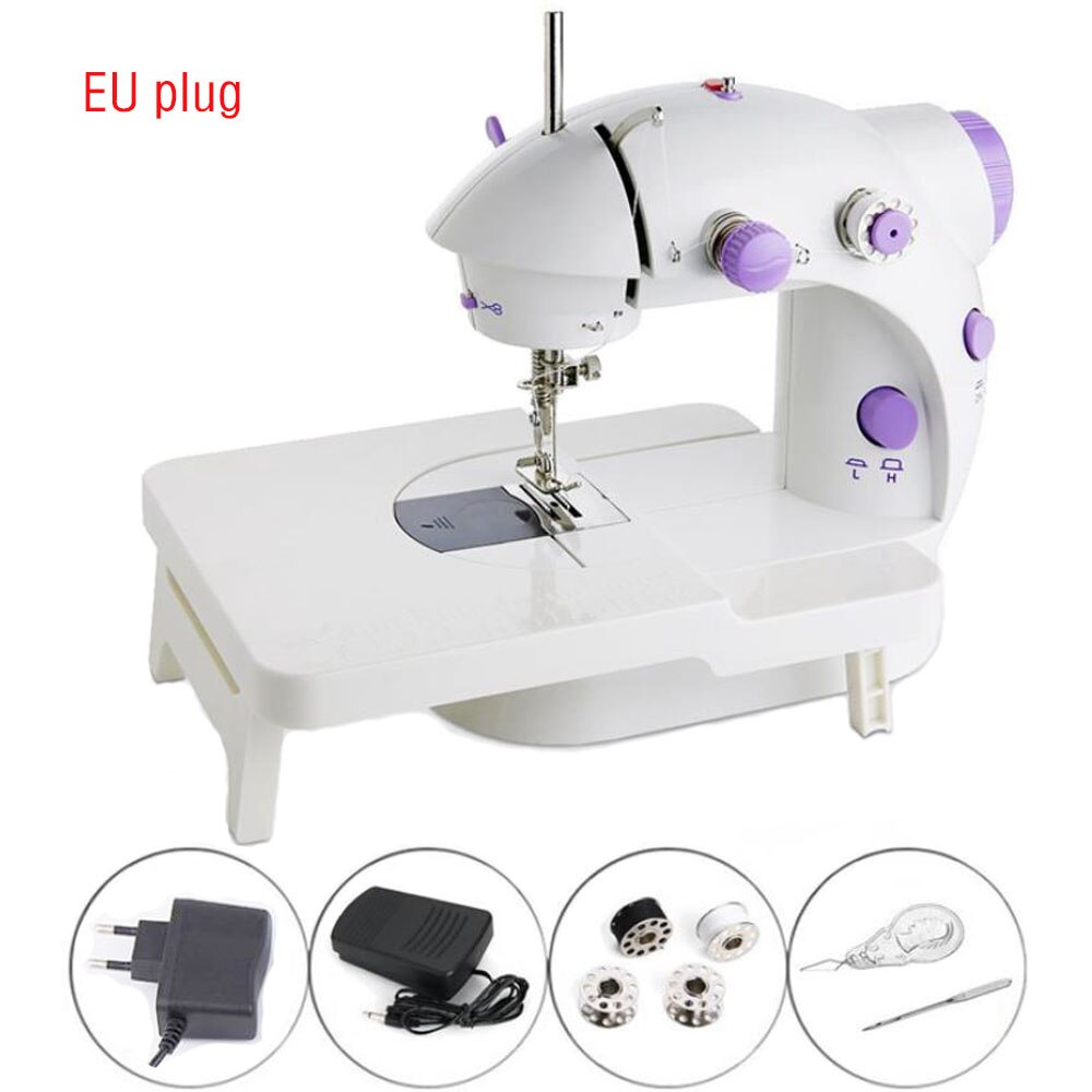 Electric Sewing Machine Mini Portable Household Night Light Foot Pedal Straight Line Hand Table Thread Kit: EU Plug with Table