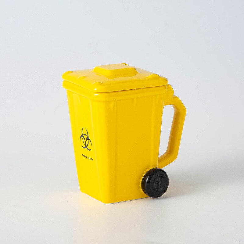 3D Garbage Can Ceramic Mug With lid 400ml Coffee Tea Milk Cup copo termico for Home Office Dinkware: Yellow