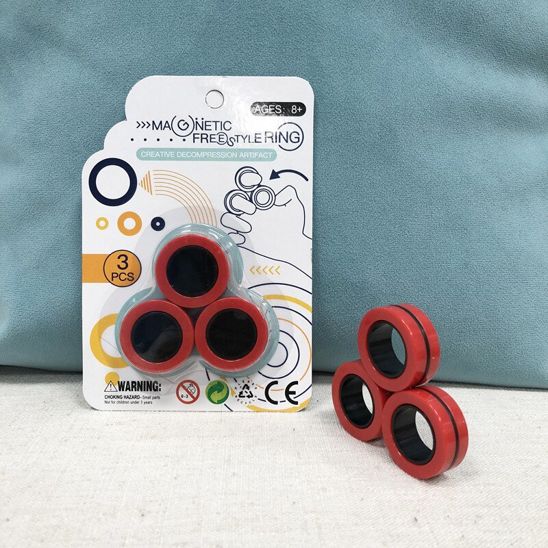 Anti-Stress Finger Magnetic Rings Kids Decompression Fingertip Toys Magic Ring Props Tool For Autism ADHD Anxiety Relief Focus: Red