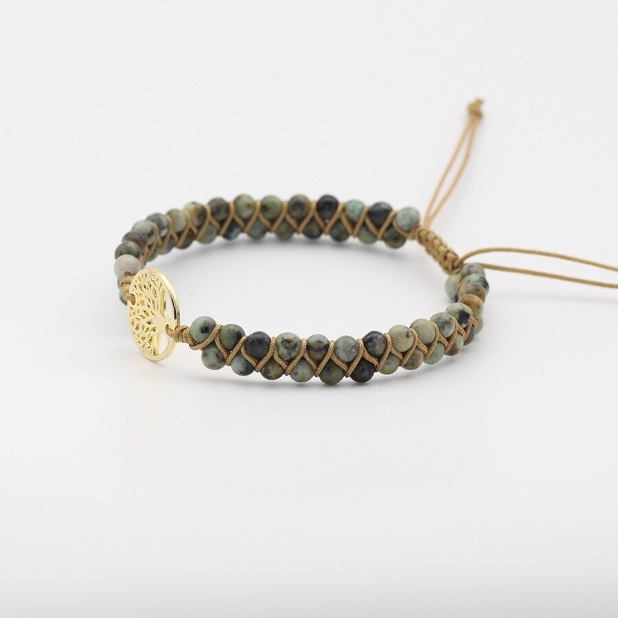 Árvore de pedra natural da vida yoga chakras contas frisado pulseiras corda de couro artesanal tecido wrap pedra ajustável casal pulseira