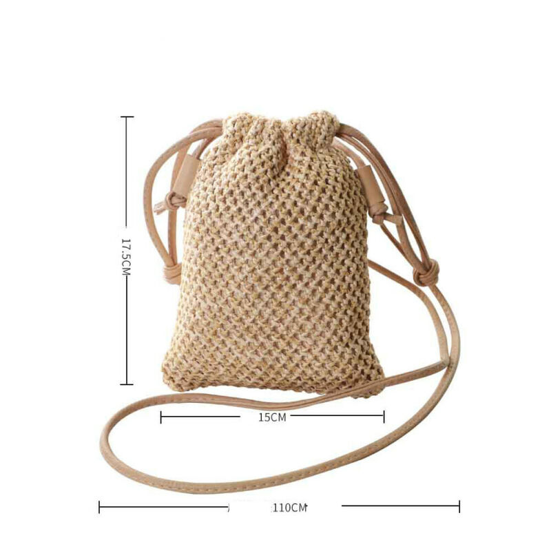 Women Girl Rattan Wicker Handbag Beach Crossbody Drawstring Bags Casual Bohemian Straw Woven Bag