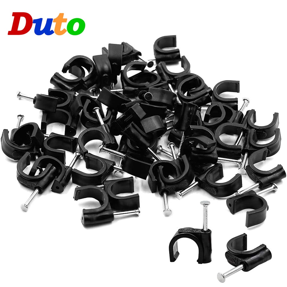 100 st pe plast 7mm cirklar kabelklämma c-formad högkolstålspik kabelklämmor trådvägghållare 1/4 " 6mm rörstöd