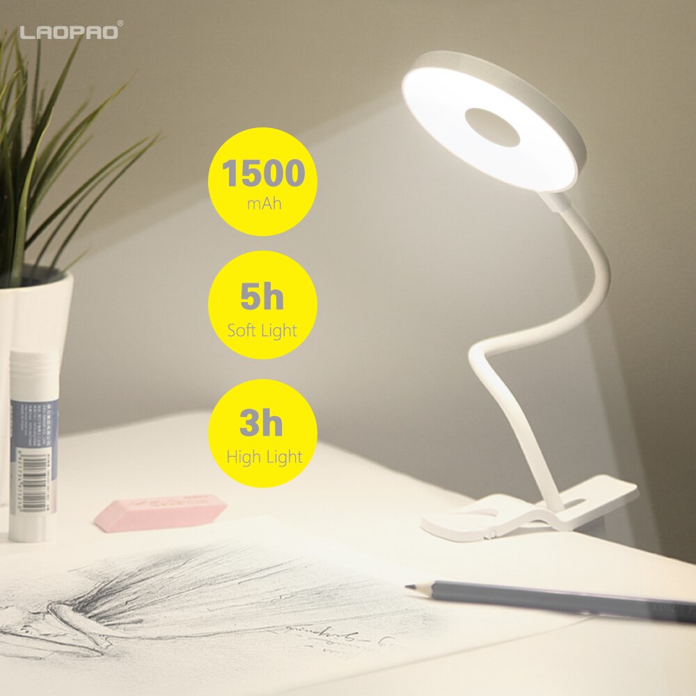 3 in 1 LED Clip Desk Lamp 1500mAh USB Rechargeable Make-up Mirror Dimming Eye Protection With 2 Touch switch Table Light LAOPAO