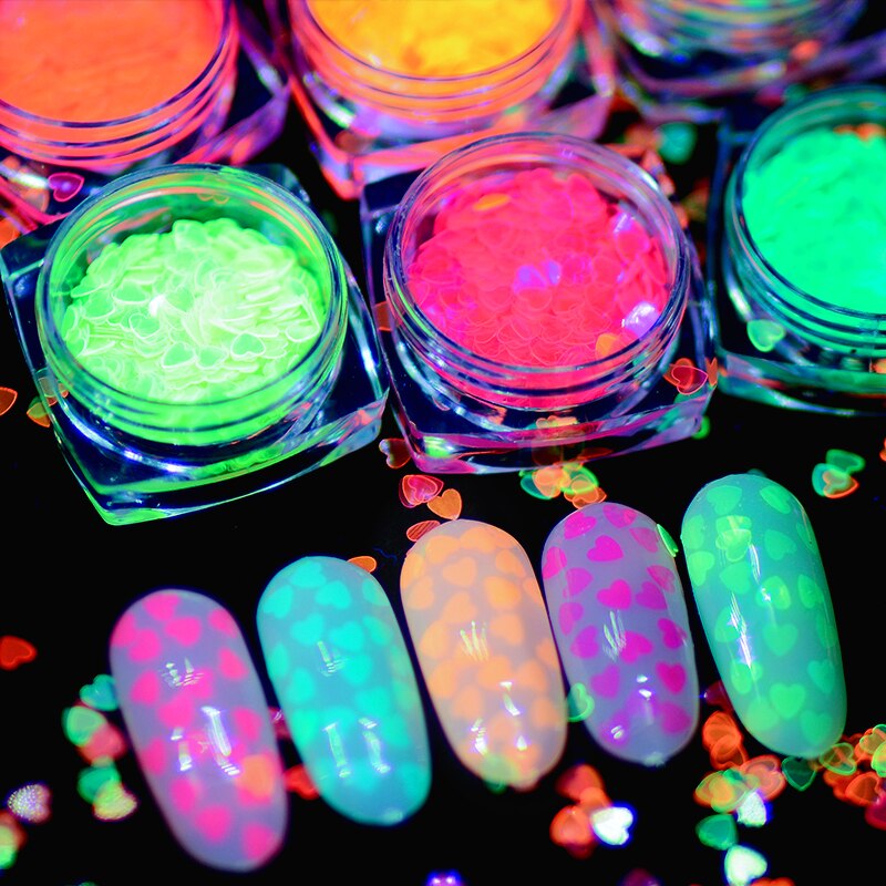 Fluorescerende Pailletten Nail Art Decorations 6 Kleuren Hart Vorm Glitters Manicure Gereedschap Glow In The Dark Nail Stickers Uv Gel